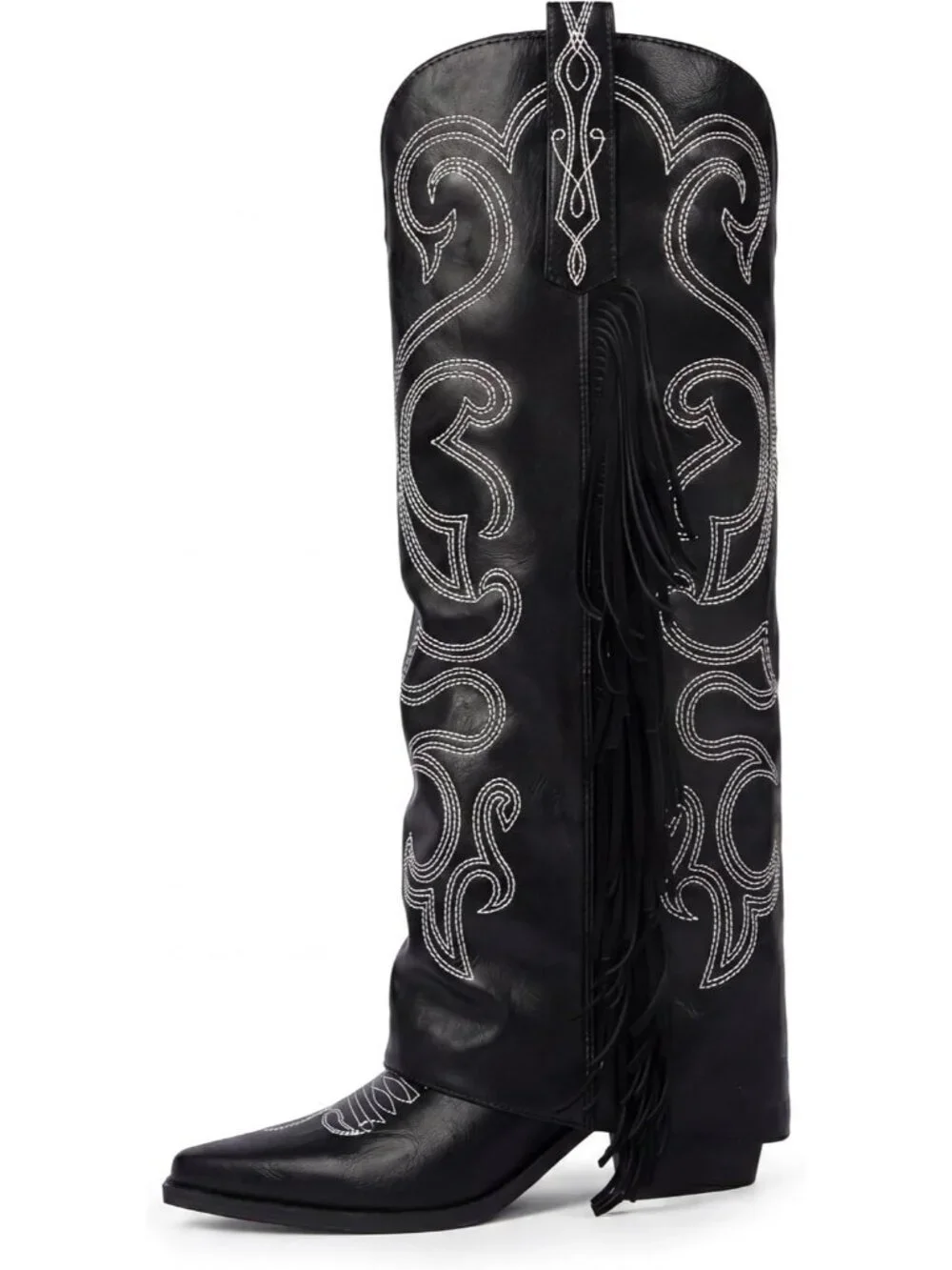 Women's Black Faux Leather Cowgirl Knee High Toe Chunky Heel Zipper Boot